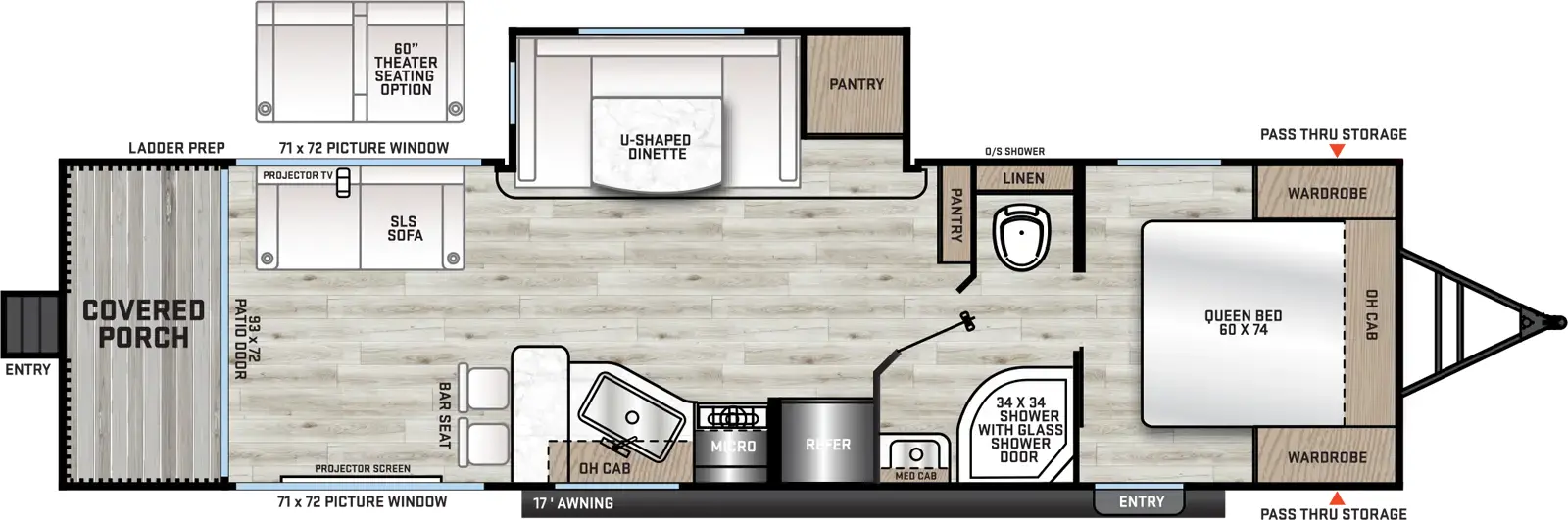 The 283EPIC has one slideout and two entries. Exterior features front pass-through storage, outside shower, 17 foot awning, ladder prep on off-door side, and rear covered porch with entry. Interior layout front to back: foot-facing queen bed with overhead cabinet and wardrobes on each side, and entry door; full pass-through bathroom with medicine cabinet and linen closet; pantry along inner wall; off-door side slideout with pantry and u-shaped dinette; door side refrigerator, microwave, cooktop, overhead cabinet, and kitchen sink with bar top and seats; off-door side sofa (theater seating optional), picture window, and projector TV; door side projector screen and picture window; rear patio door and covered porch with entry steps.